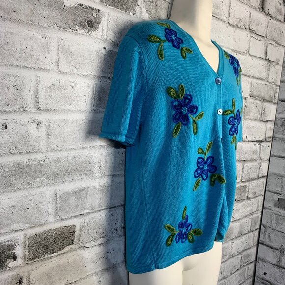 Pendleton Vintage Cardigan Sweater M Blue Floral Embroidered Short Sleeve V-Neck - Picture 5 of 11